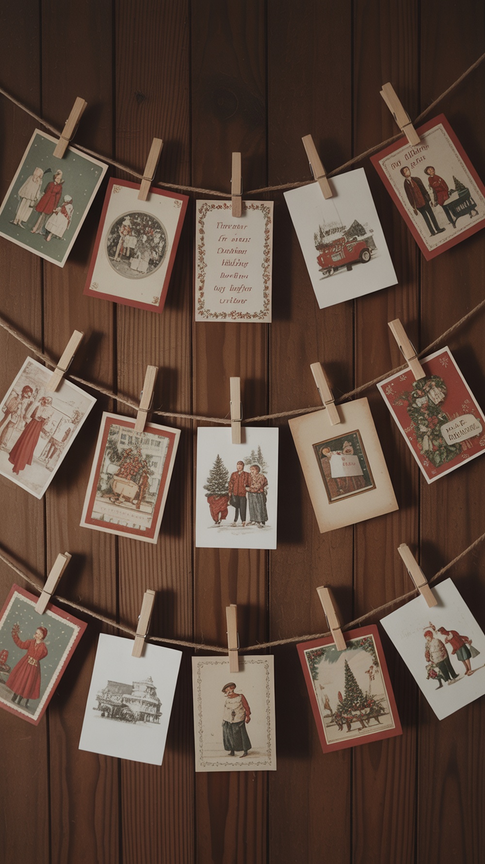 A display of vintage holiday cards hanging on a wooden wall with clothespins.