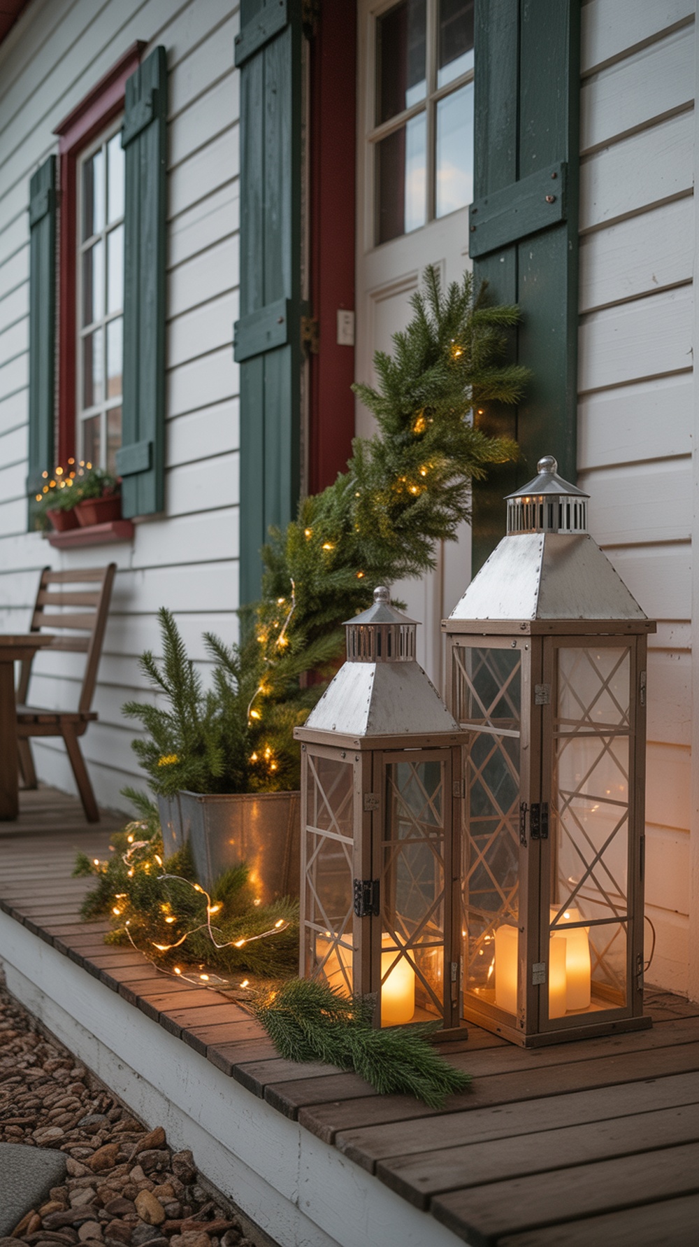 Vintage lanterns surrounded by greens and fairy lights on a porch