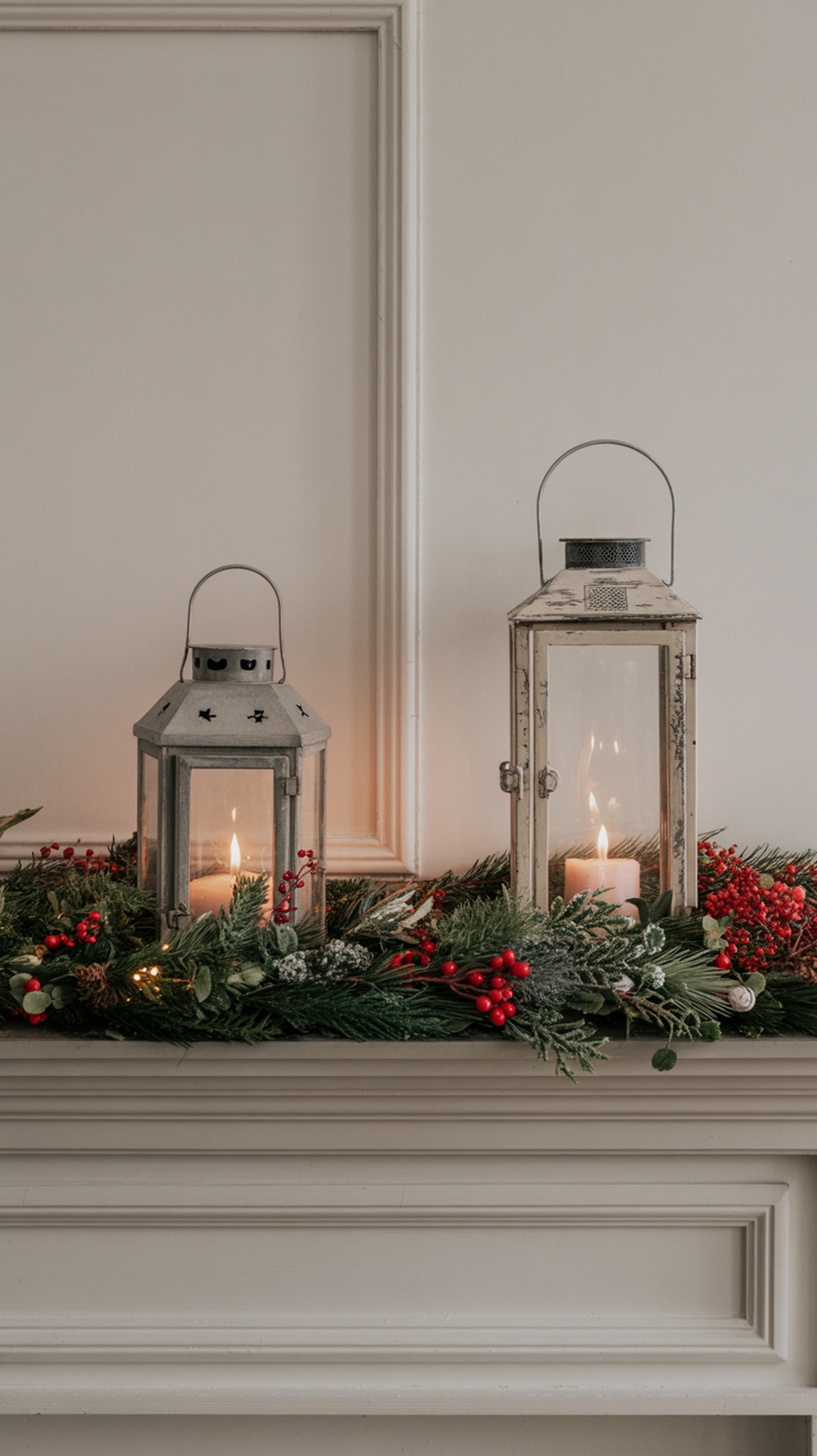 Two vintage lanterns surrounded by holiday greens and red berries on a mantel.
