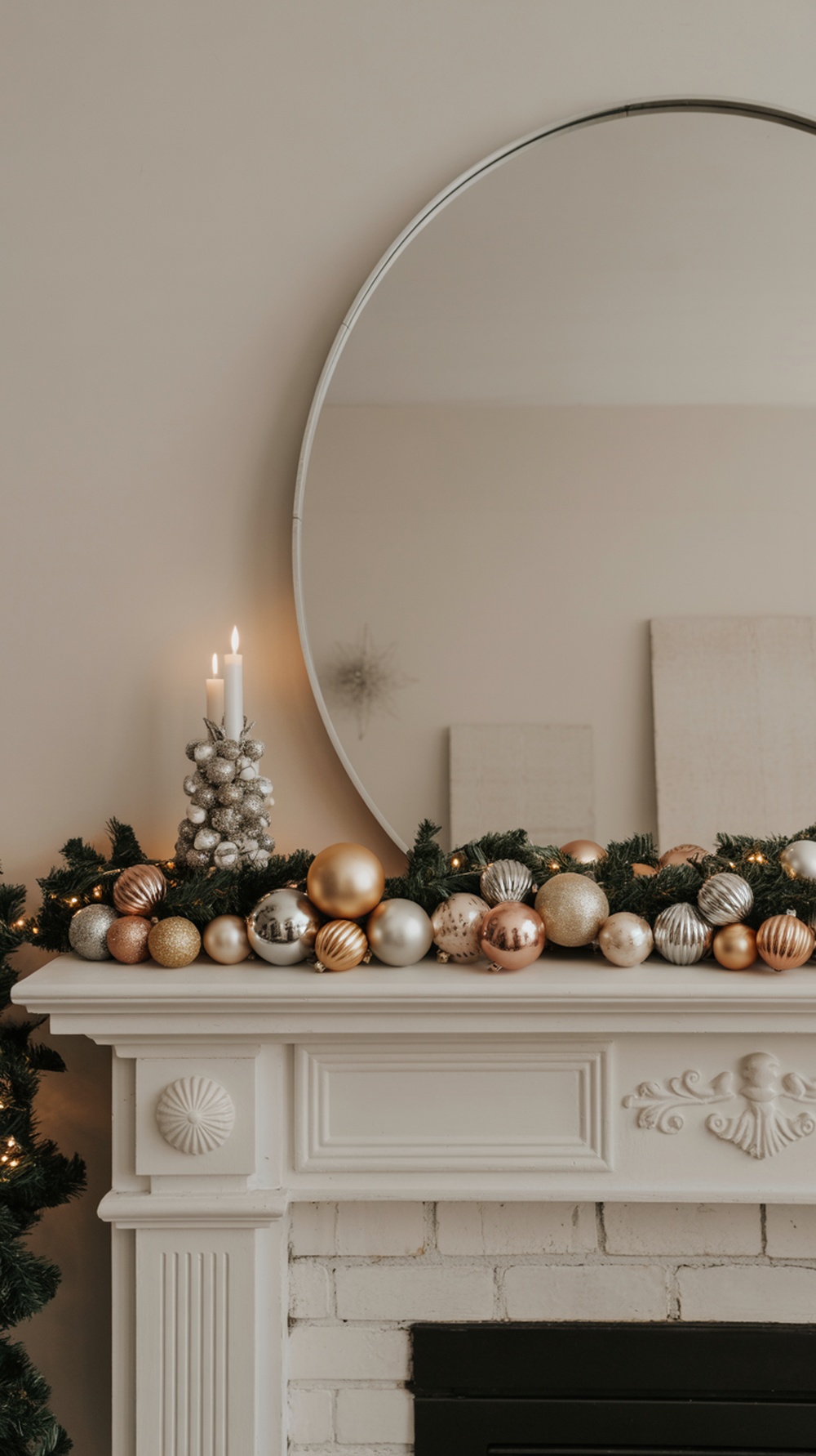 A beautifully decorated Christmas fireplace mantel featuring vintage ornaments in gold, silver, and rose tones, with a candle holder and greenery.