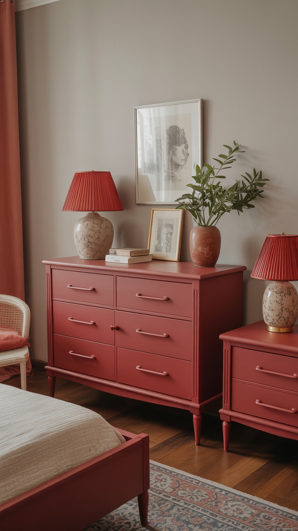 A vintage red dresser and nightstand with red lamps in a cozy bedroom setting.