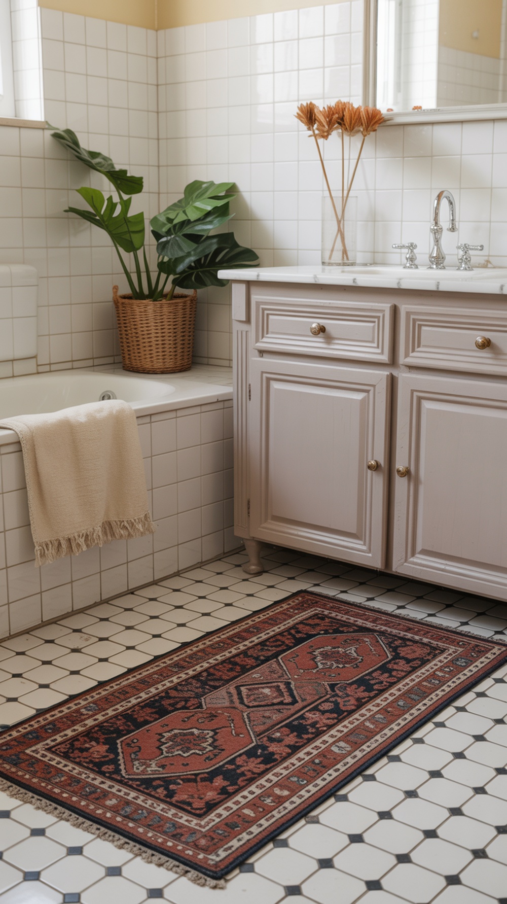 A vintage rug in a bathroom with a bathtub and sink, surrounded by plants and neutral decor.