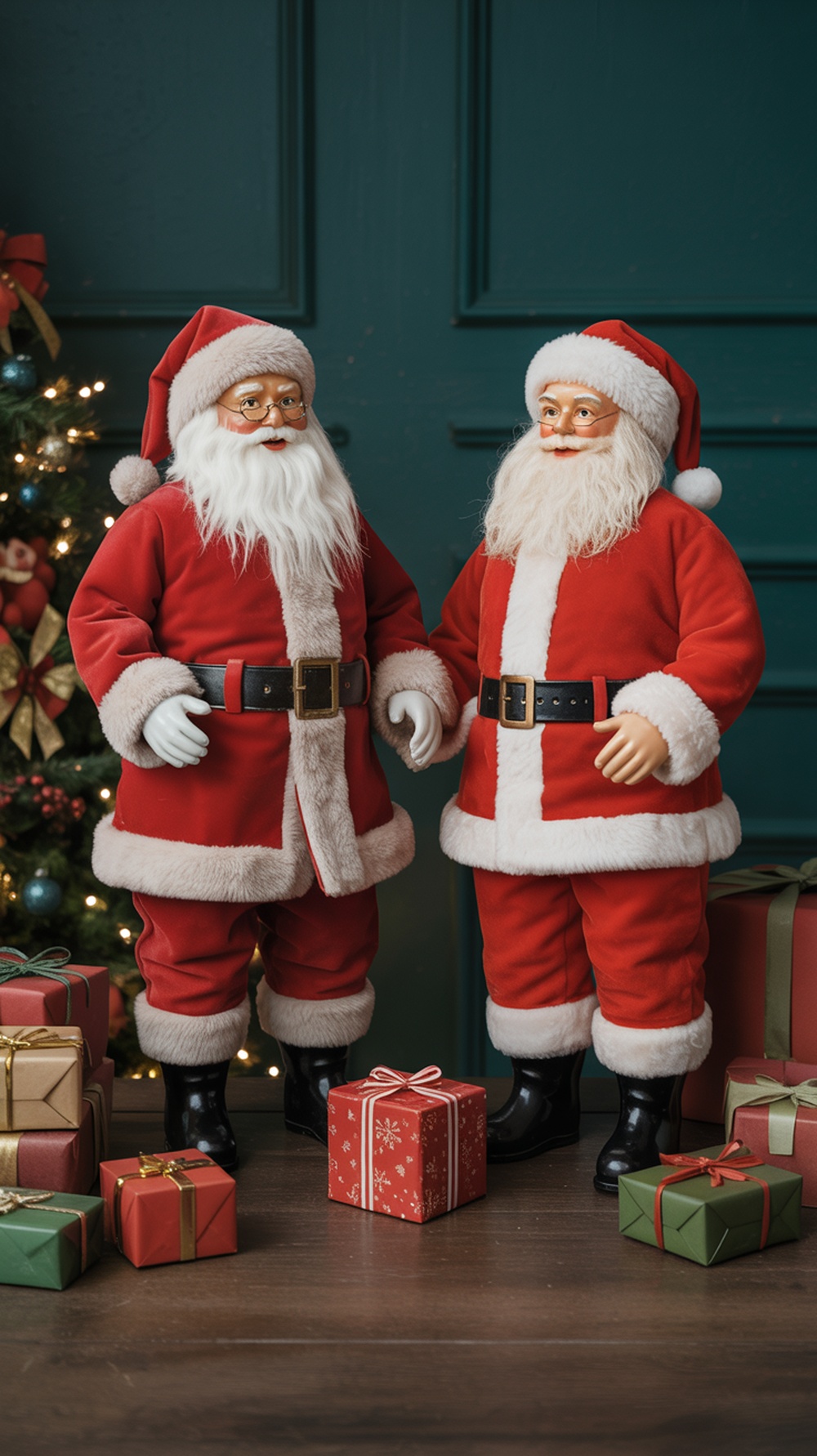 Two vintage Santa Claus figures in red suits standing next to wrapped gifts