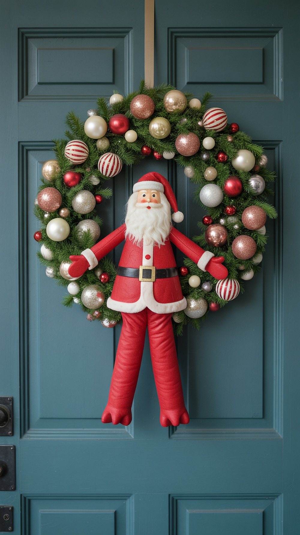 A vintage Santa wreath featuring a cheerful Santa figure and colorful ornaments on a door.