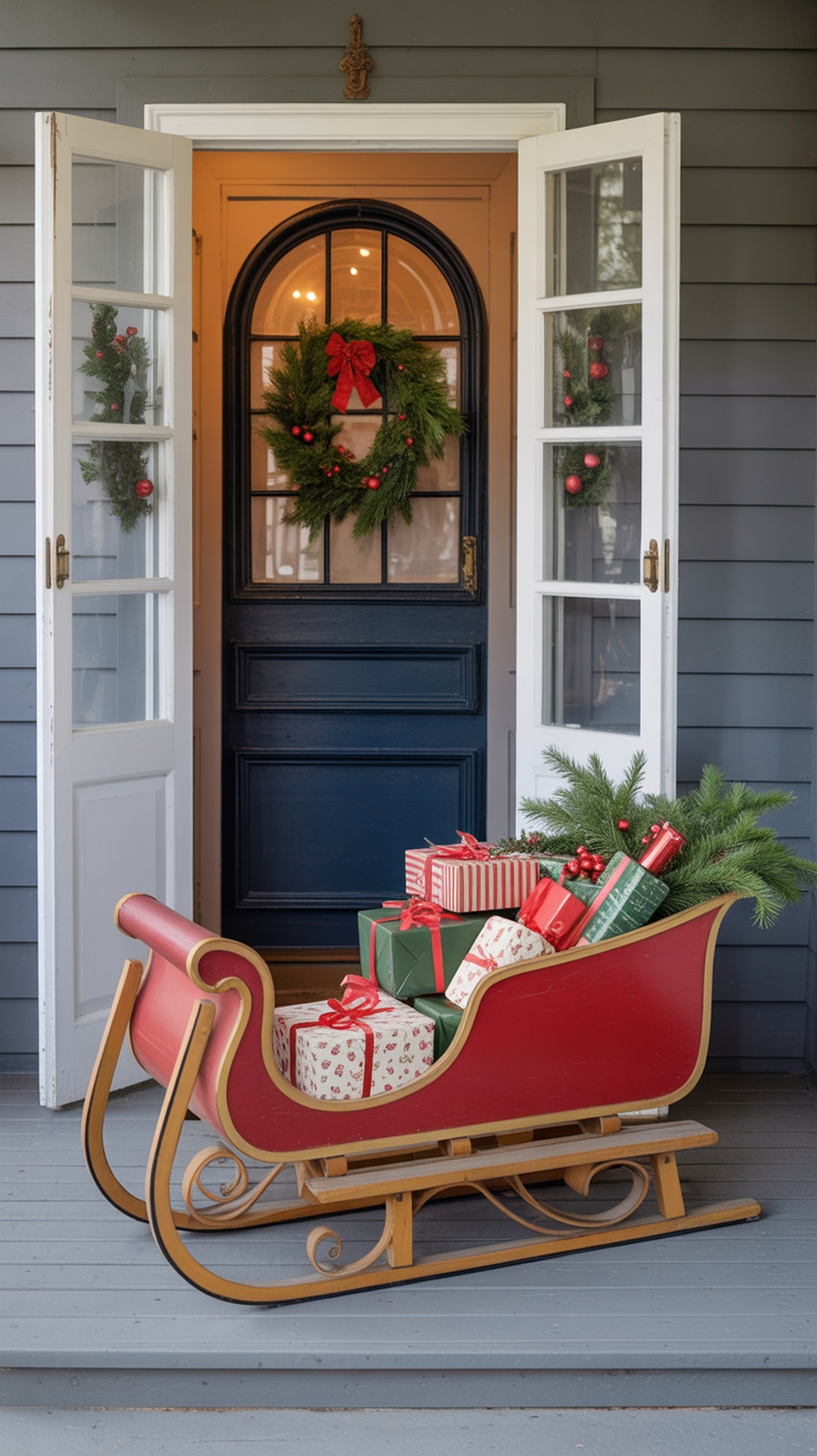 A vintage red sleigh filled with Christmas gifts and greenery on a front porch.