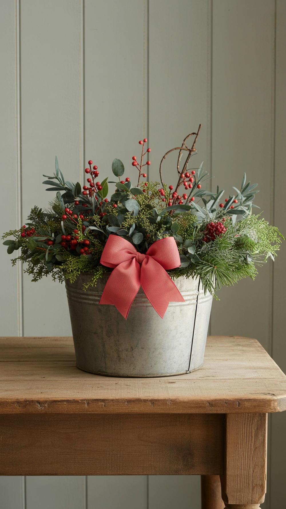 A vintage tin planter filled with holiday greens and red berries, adorned with a pink ribbon.