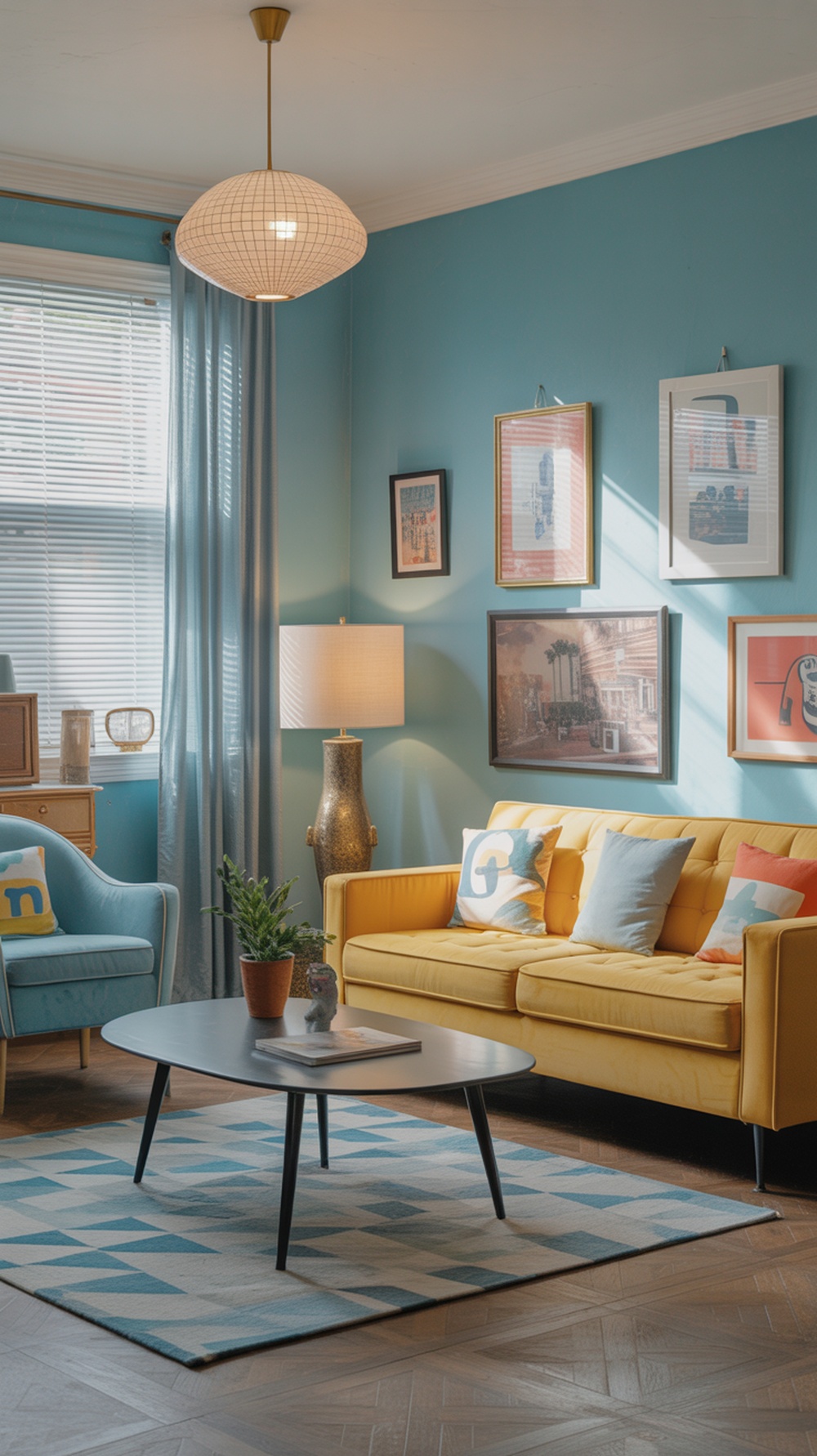 A vintage-inspired living room featuring a yellow sofa, blue armchair, geometric rug, and framed artwork on the walls.