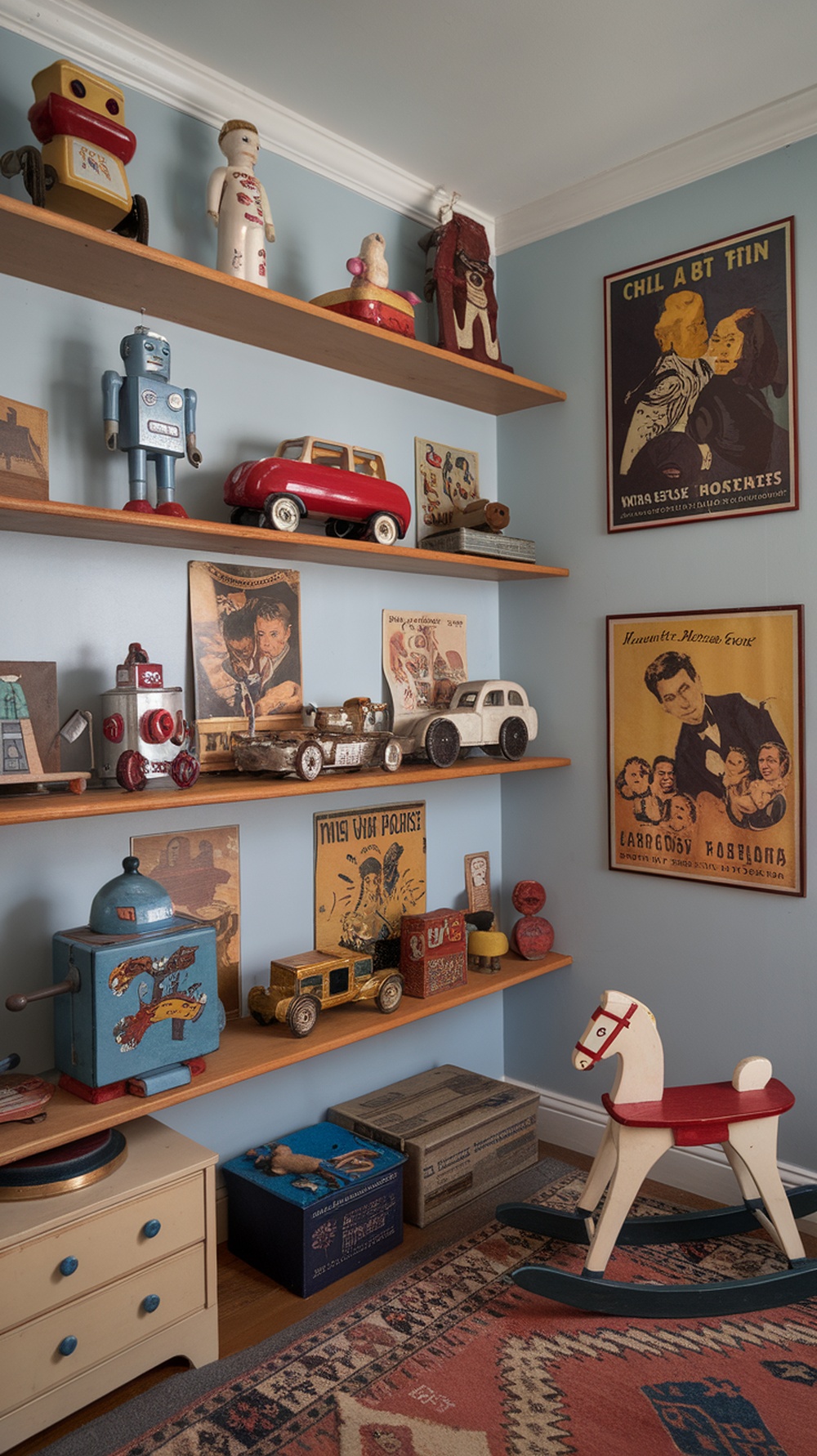 A vintage toy collection displayed on shelves in a kid's bedroom, featuring colorful toys and a rocking horse.