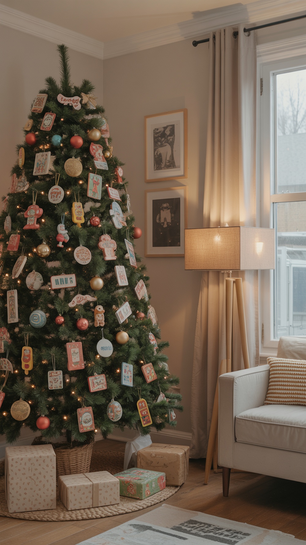 A Christmas tree decorated with vintage toy ornaments, surrounded by wrapped gifts.