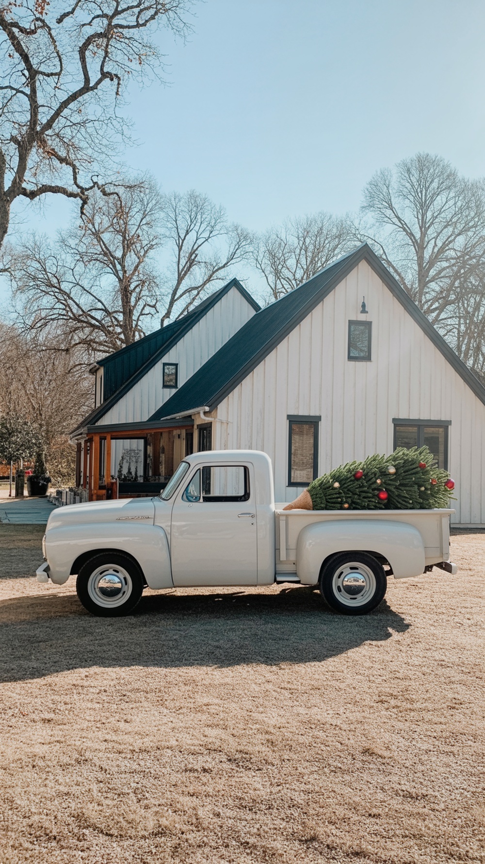 A vintage white truck parked in front of a modern farmhouse, filled with a Christmas tree and ornaments.