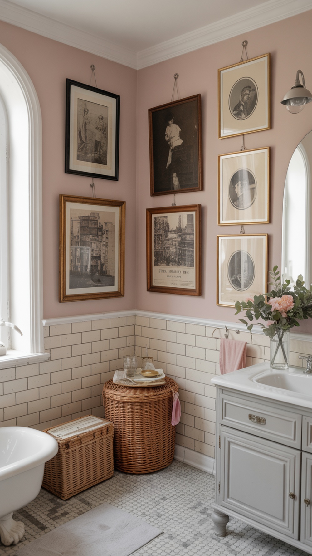 A vintage-inspired bathroom with framed wall art, soft pink walls, and a cozy decor.