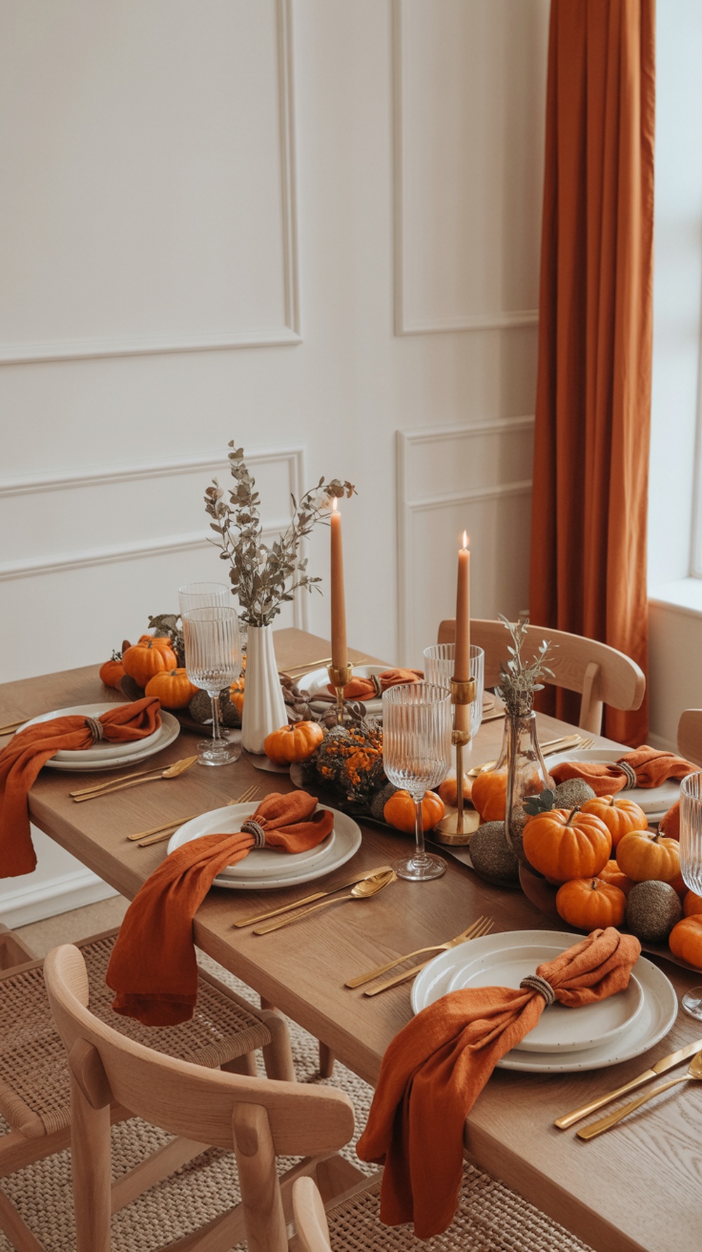 A boho Thanksgiving table set with warm colors, featuring orange napkins, pumpkins, and elegant tableware.