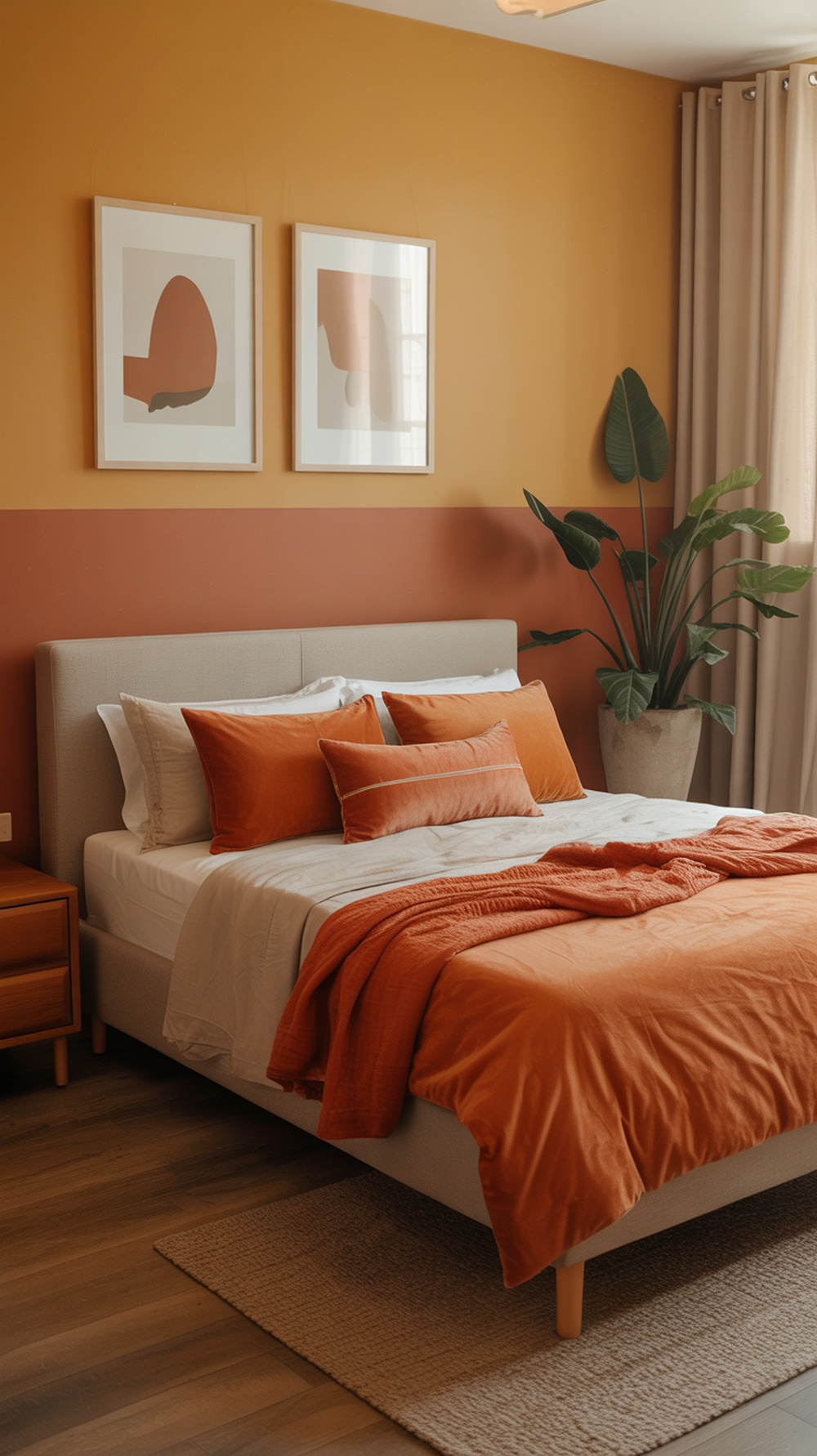A modern vintage bedroom featuring warm color palettes with orange and golden tones.