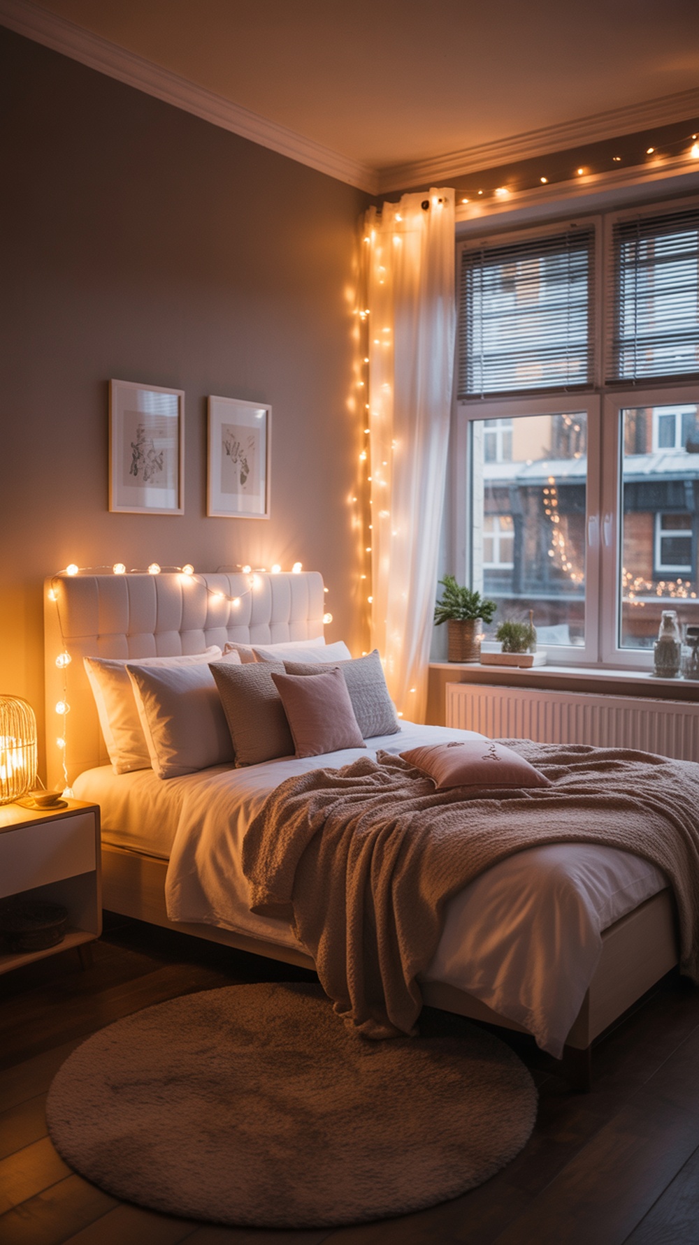 A cozy bedroom decorated with warm fairy lights, featuring a neatly made bed with soft pillows and a plush throw.