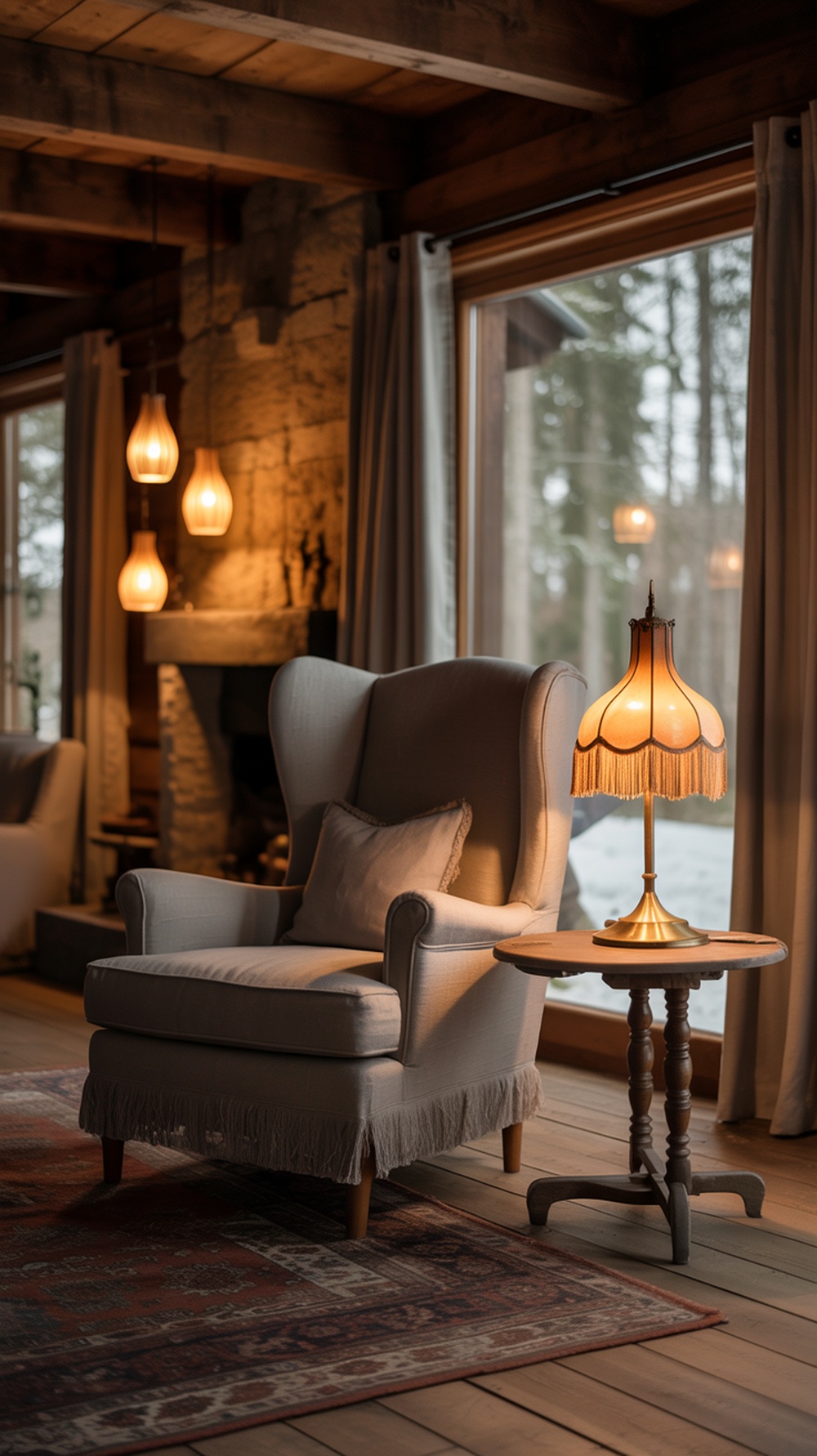 Cozy cabin living room with warm lighting fixtures