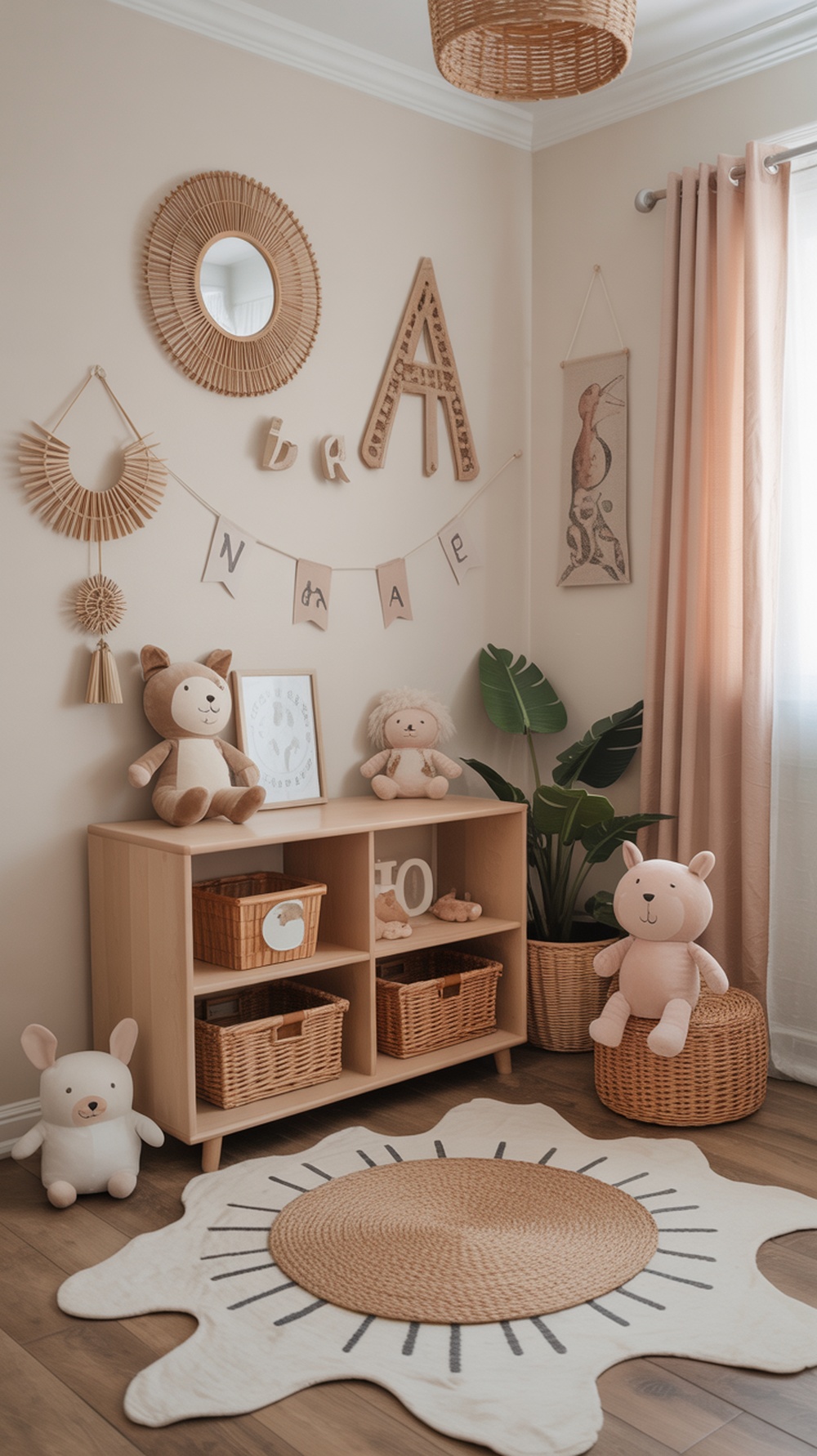 A cozy boho gender-neutral nursery featuring soft animal plush toys, natural decor elements, and a warm color palette.