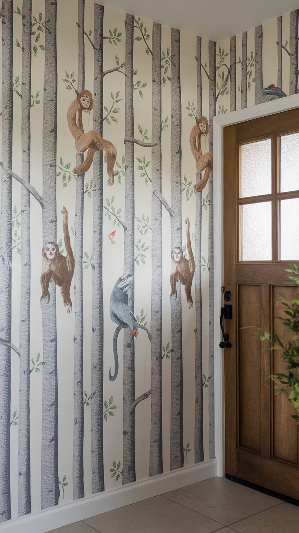 Whimsical animal print wallpaper featuring monkeys and trees in an entryway
