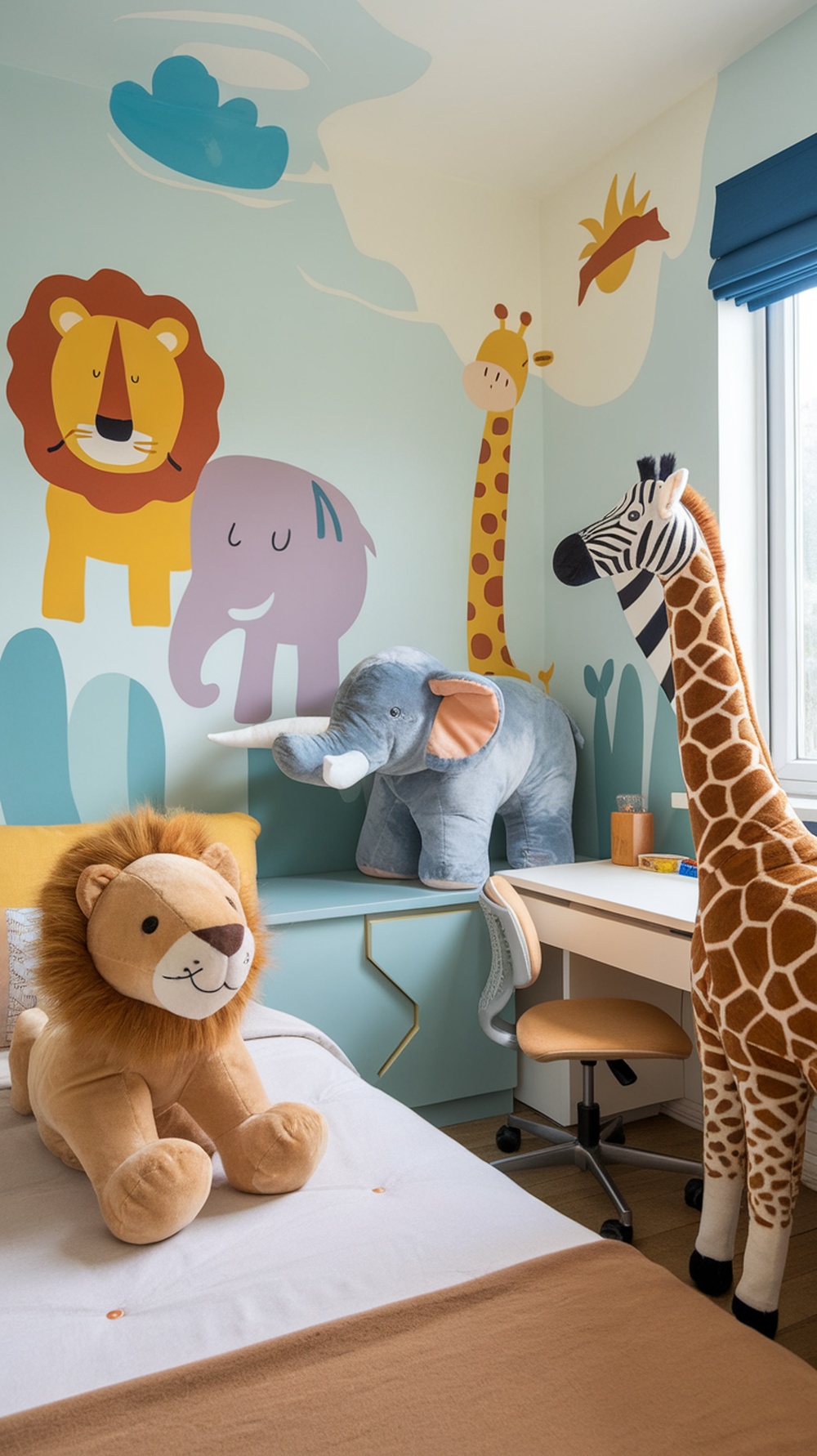 A children's bedroom with whimsical animal themes, featuring a lion, elephant, and giraffe on the walls, along with plush toys.