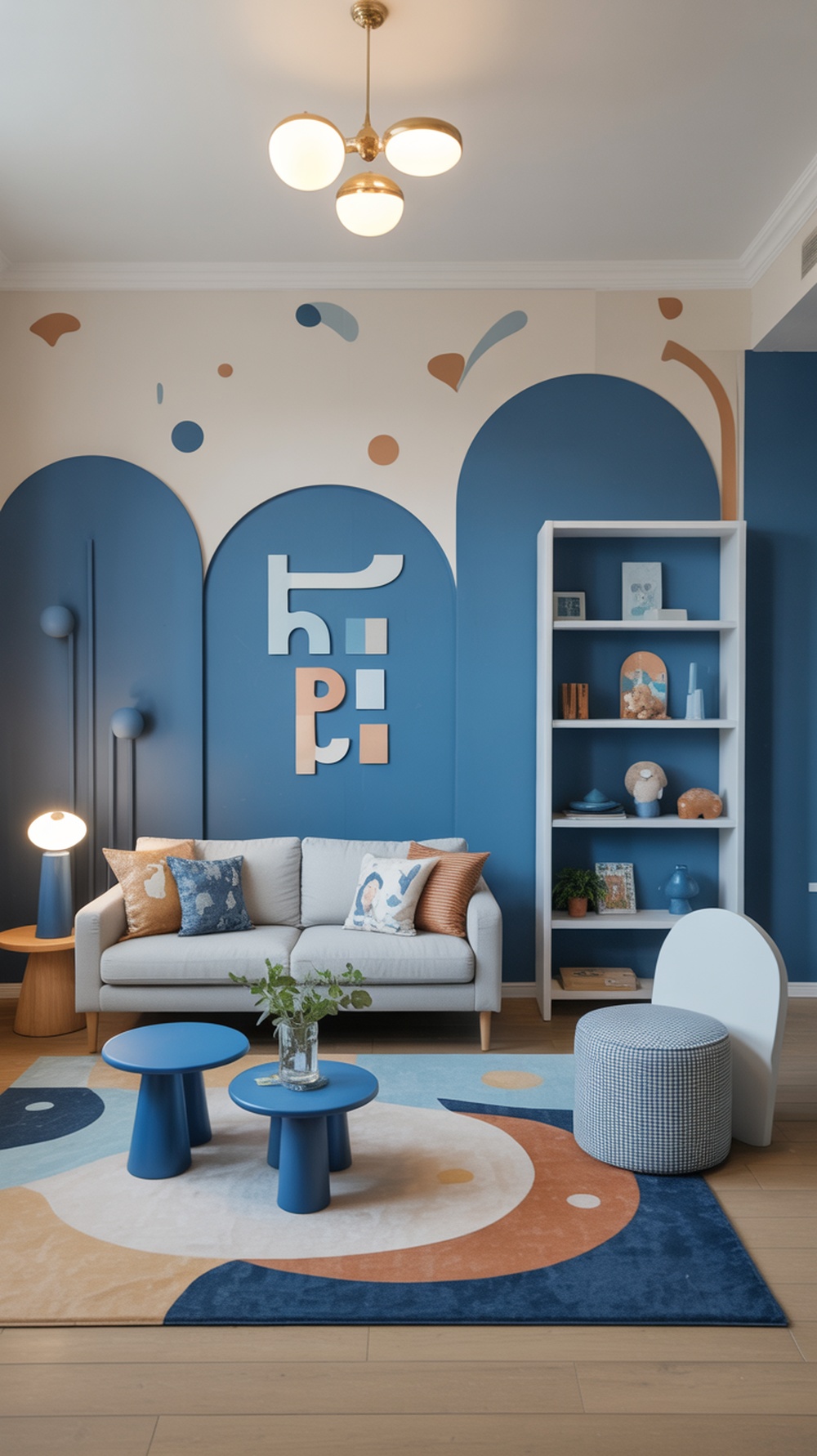 A whimsical blue living room with playful decor, featuring a cozy sofa, colorful coffee tables, and a vibrant rug.