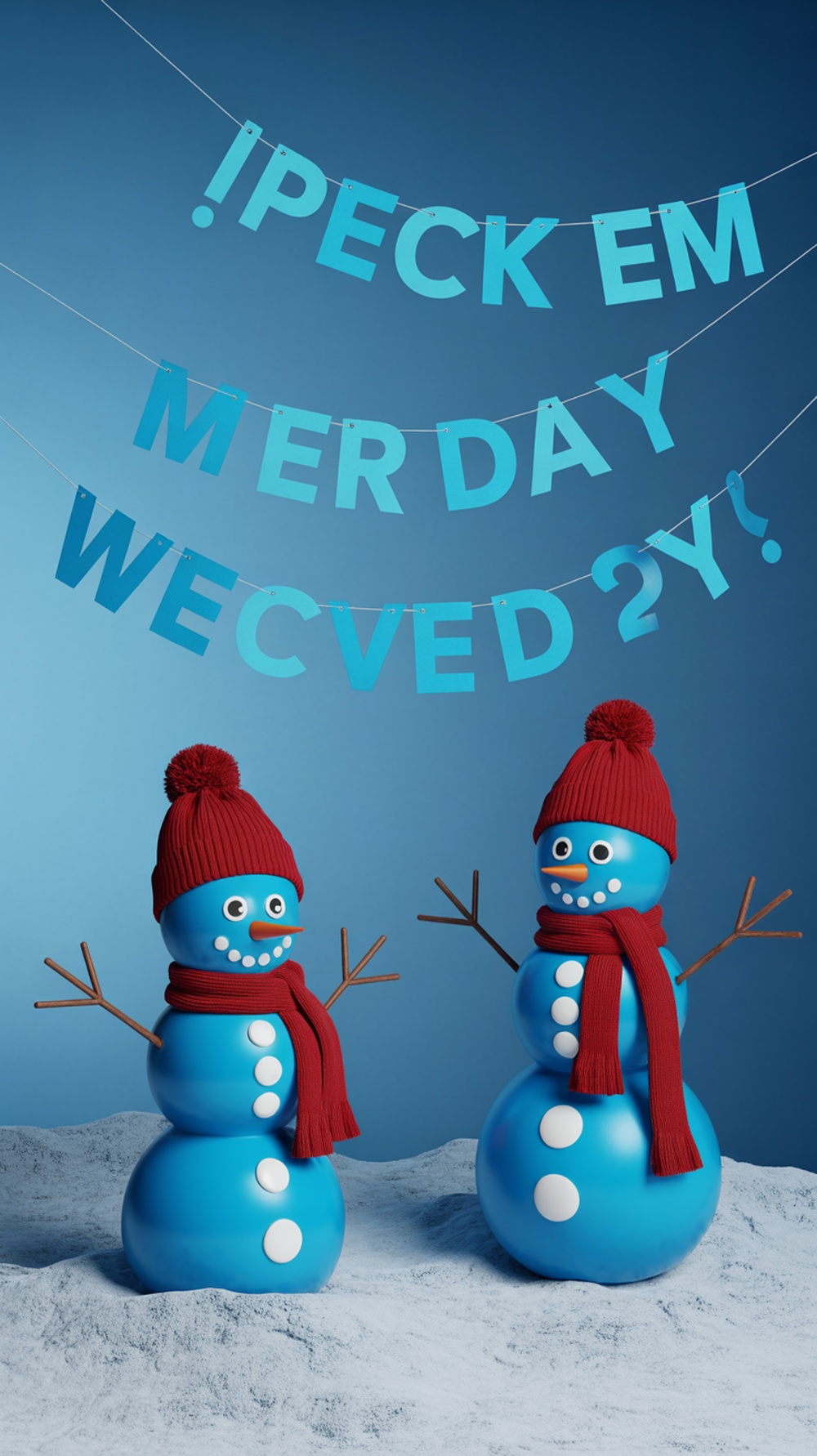 Two whimsical blue snowmen wearing red hats and scarves, with a playful banner above them.