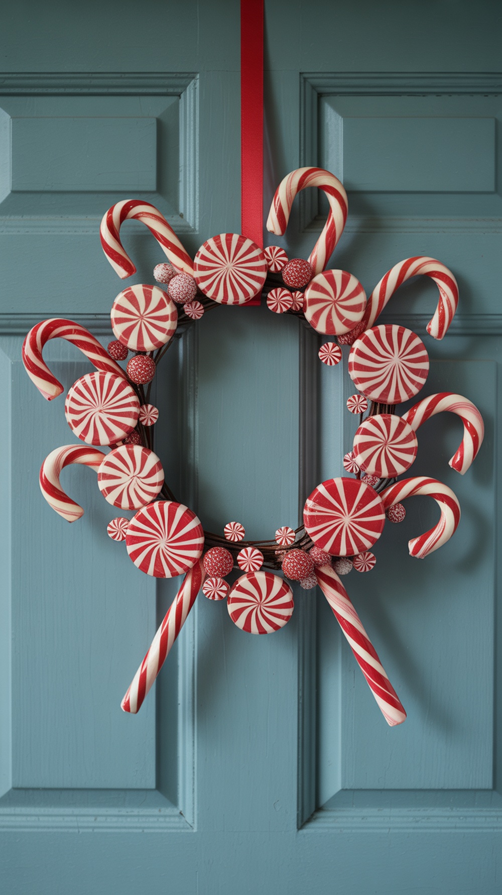 A whimsical candy cane wreath featuring red and white candy canes and lollipops, hanging on a blue door.