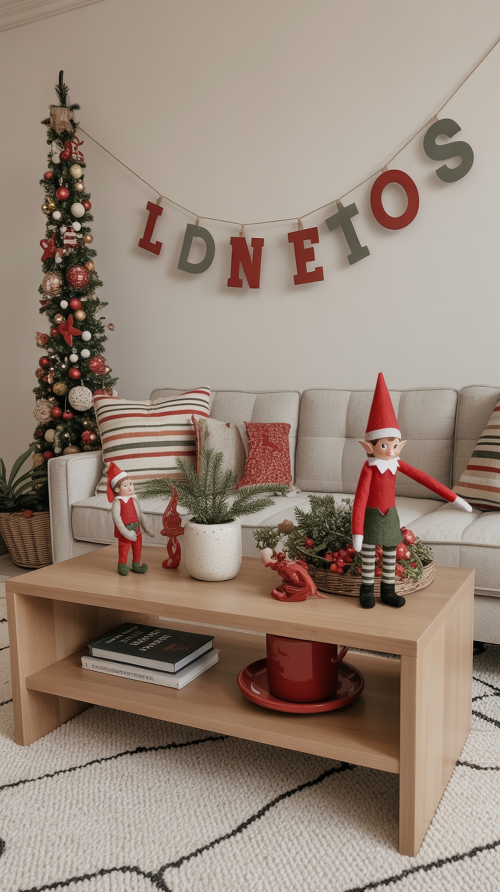 A cozy coffee table decorated with whimsical elf figurines, greenery, and festive red accents.