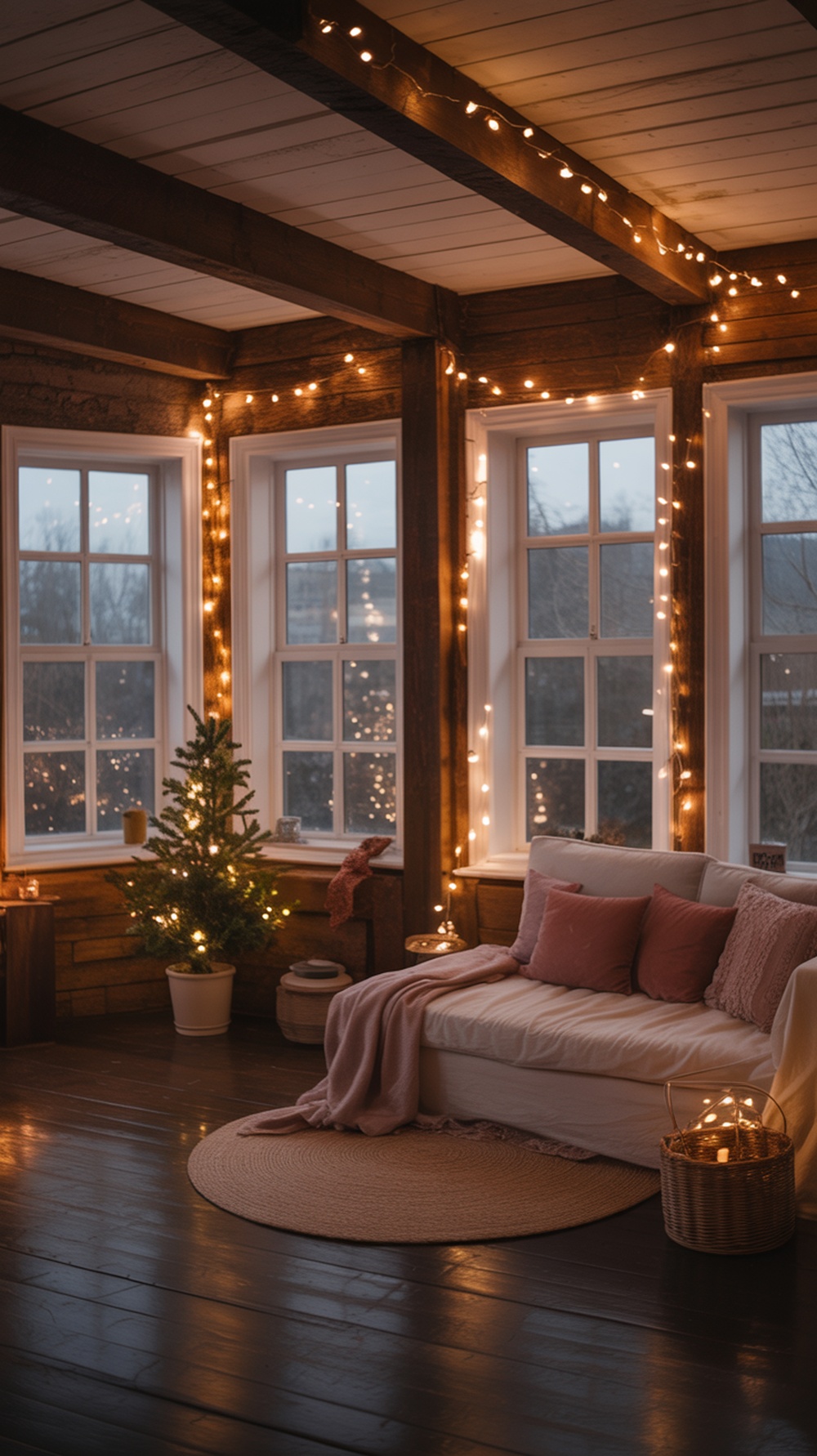 A cozy cottage interior decorated with fairy lights, featuring a small Christmas tree and a comfortable couch.