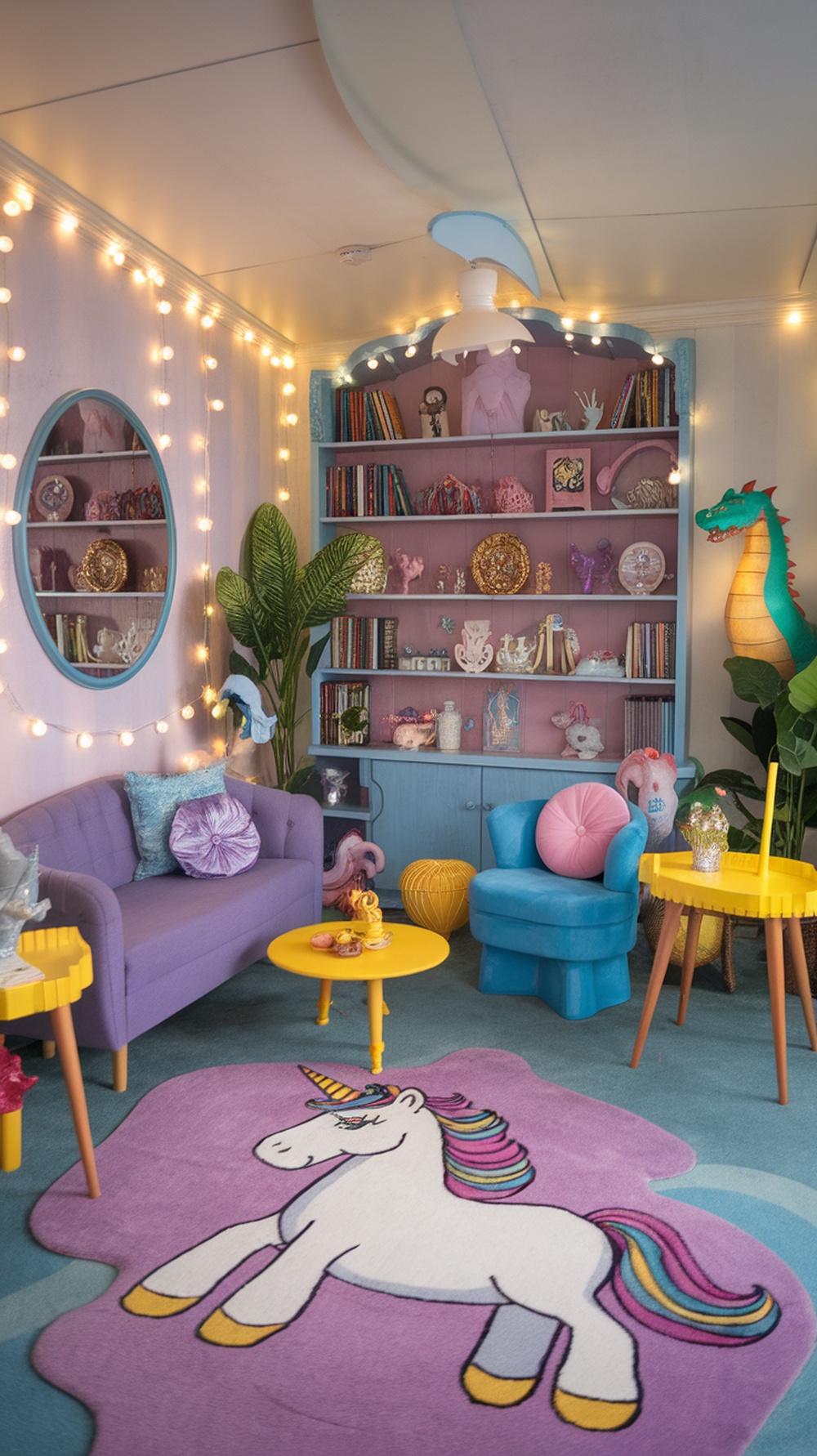 A whimsical living room with a purple sofa, blue chair, yellow coffee table, and a unicorn rug, decorated with string lights and quirky shelves.
