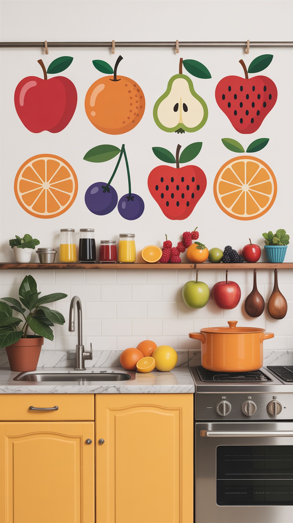Colorful fruit illustrations on a kitchen wall, featuring apples, oranges, pears, strawberries, and blueberries.