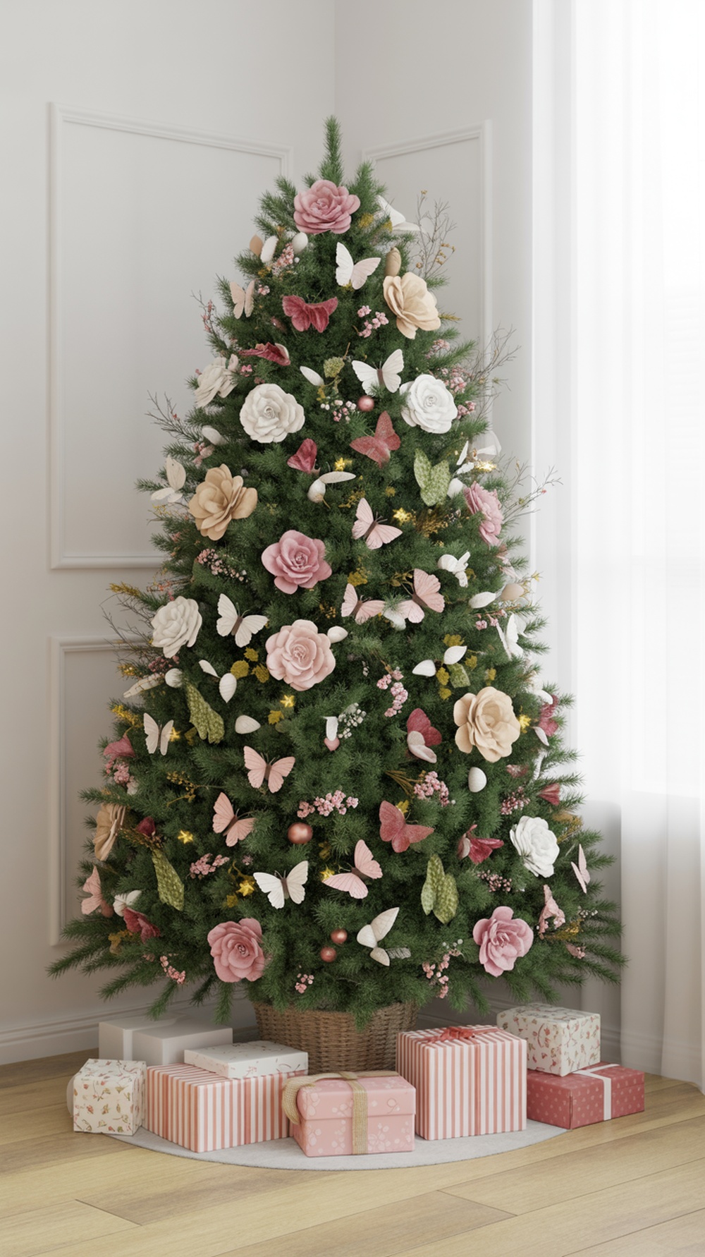 A whimsical Christmas tree decorated with pastel flowers and butterflies, surrounded by wrapped gifts.