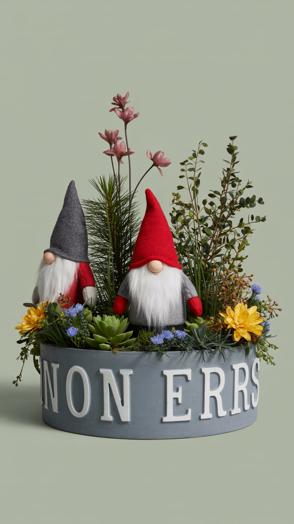 A whimsical gnome-themed planter featuring two gnome figures surrounded by various plants and flowers.