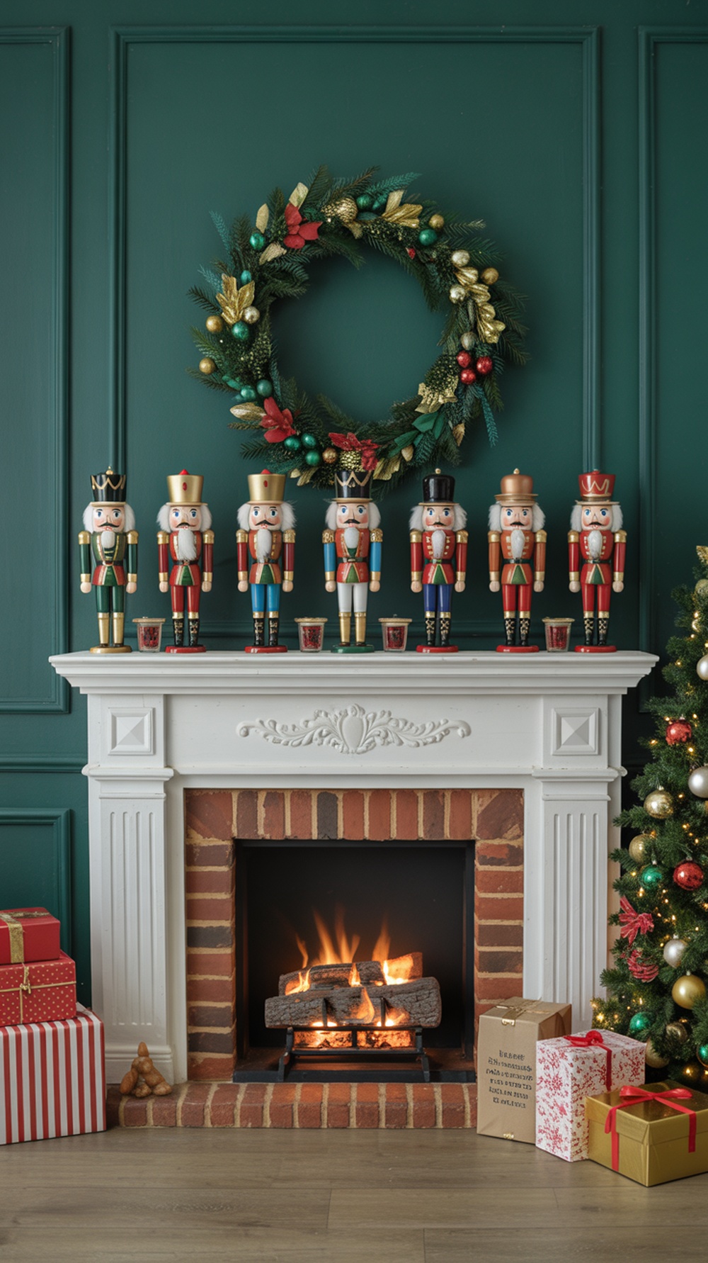 A festive mantel decorated with colorful nutcracker figures, a green wreath, and Christmas gifts.