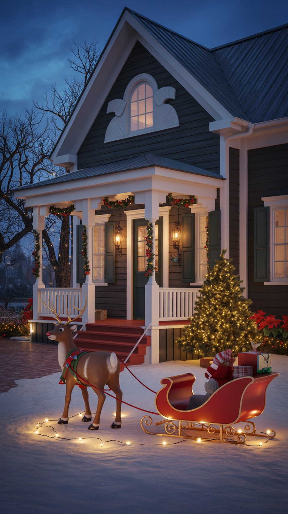 A front porch decorated for Christmas with a reindeer and sleigh, surrounded by lights and greenery.