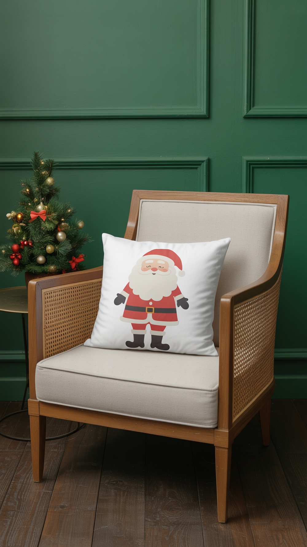 A whimsical Santa Claus illustration on a throw pillow, placed on a chair next to a small Christmas tree.