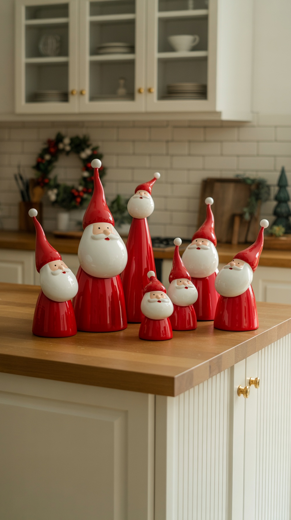 A collection of whimsical Santa figurines in red outfits displayed on a kitchen island.