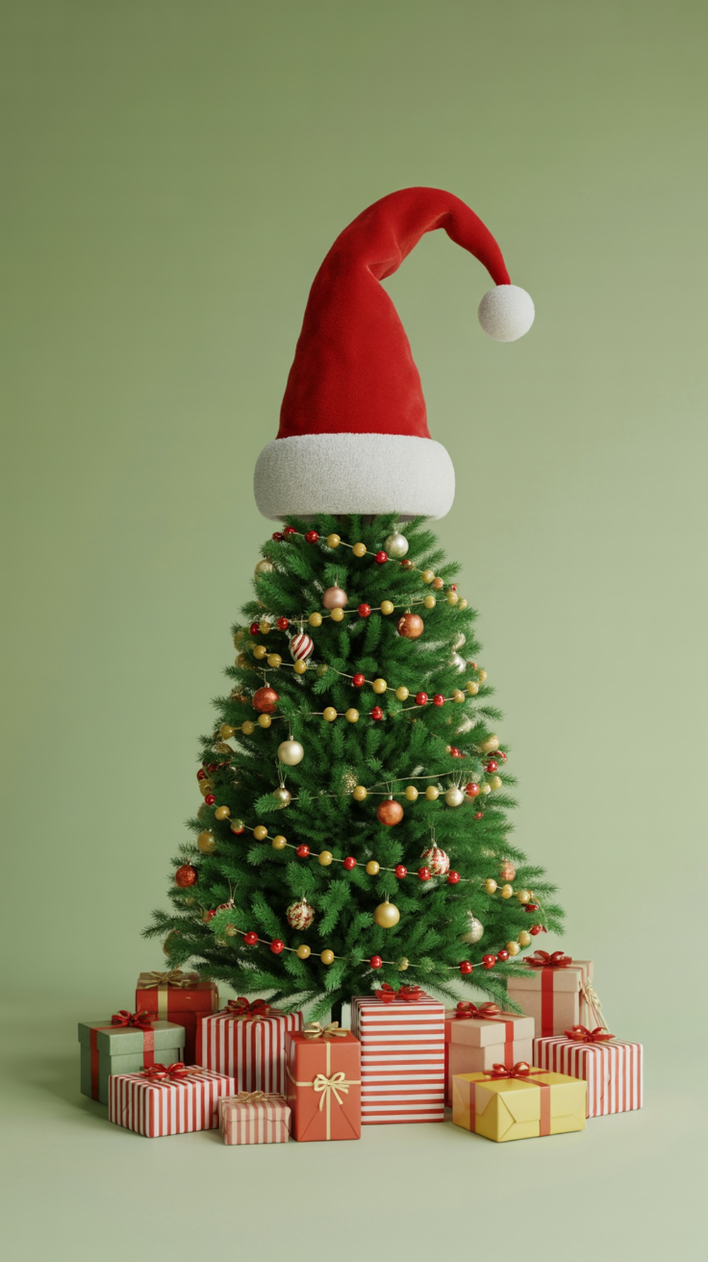 A Christmas tree topped with a large red Santa hat, surrounded by colorful wrapped presents.