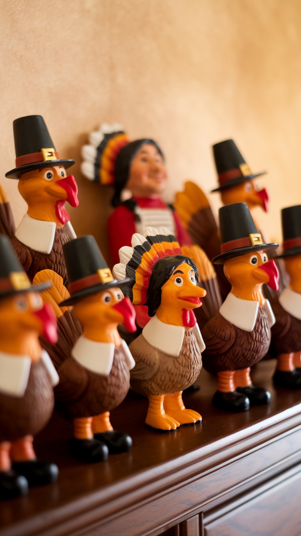 A collection of whimsical Thanksgiving figurines including turkeys in pilgrim hats and a woman in traditional attire.
