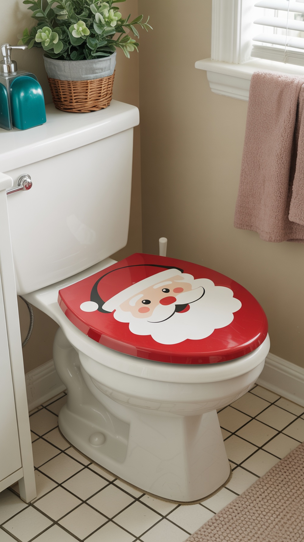 A toilet with a whimsical Santa Claus seat cover, adding festive cheer to the bathroom decor.