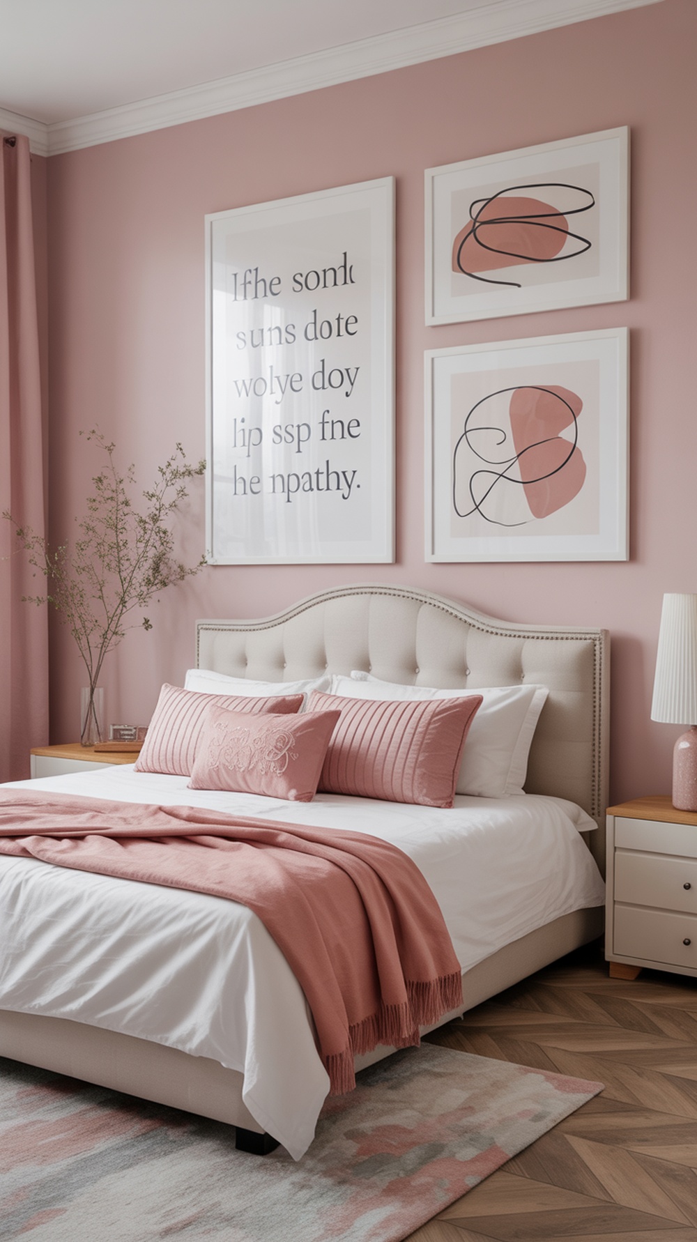 A feminine bedroom featuring whimsical wall art with abstract shapes and a quote on soft pink walls.