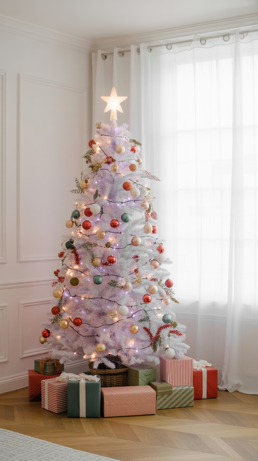 A whimsical white Christmas tree decorated with colorful ornaments and lights, surrounded by wrapped gifts.