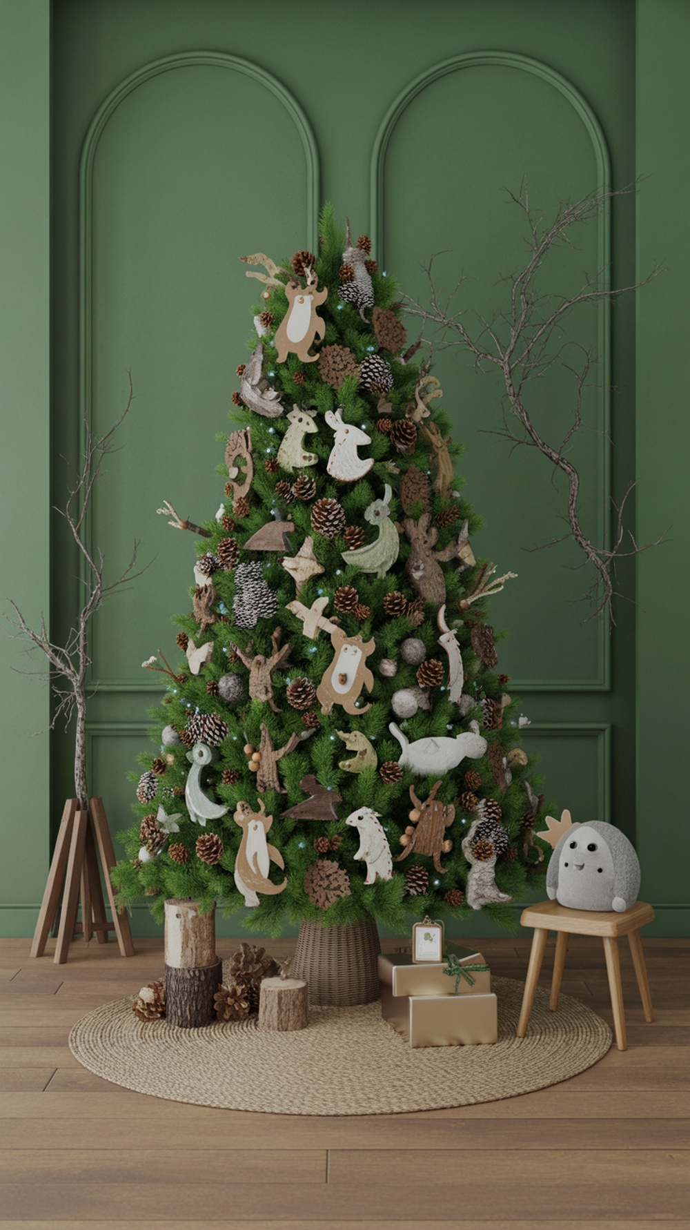 A whimsical woodland-themed Christmas tree decorated with animal ornaments and pinecones, set against a green wall.