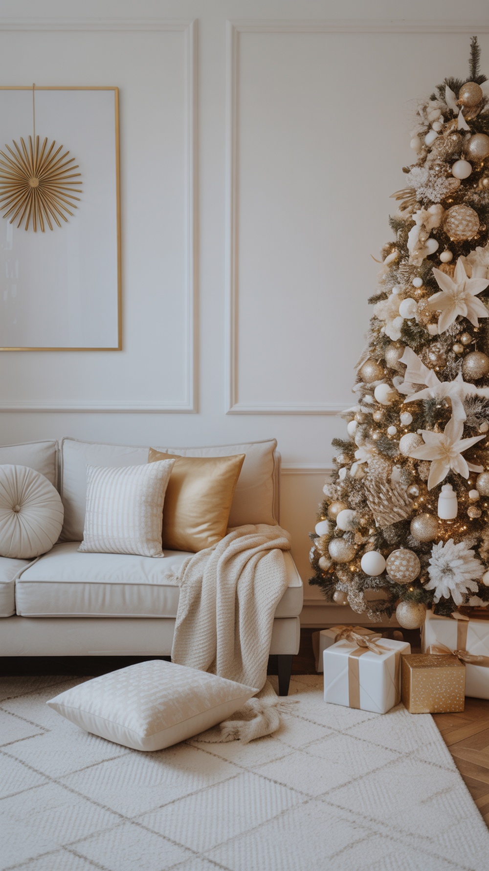 A cozy living room decorated for Christmas with a white and gold theme, featuring a beautifully adorned tree, soft pillows, and wrapped presents.