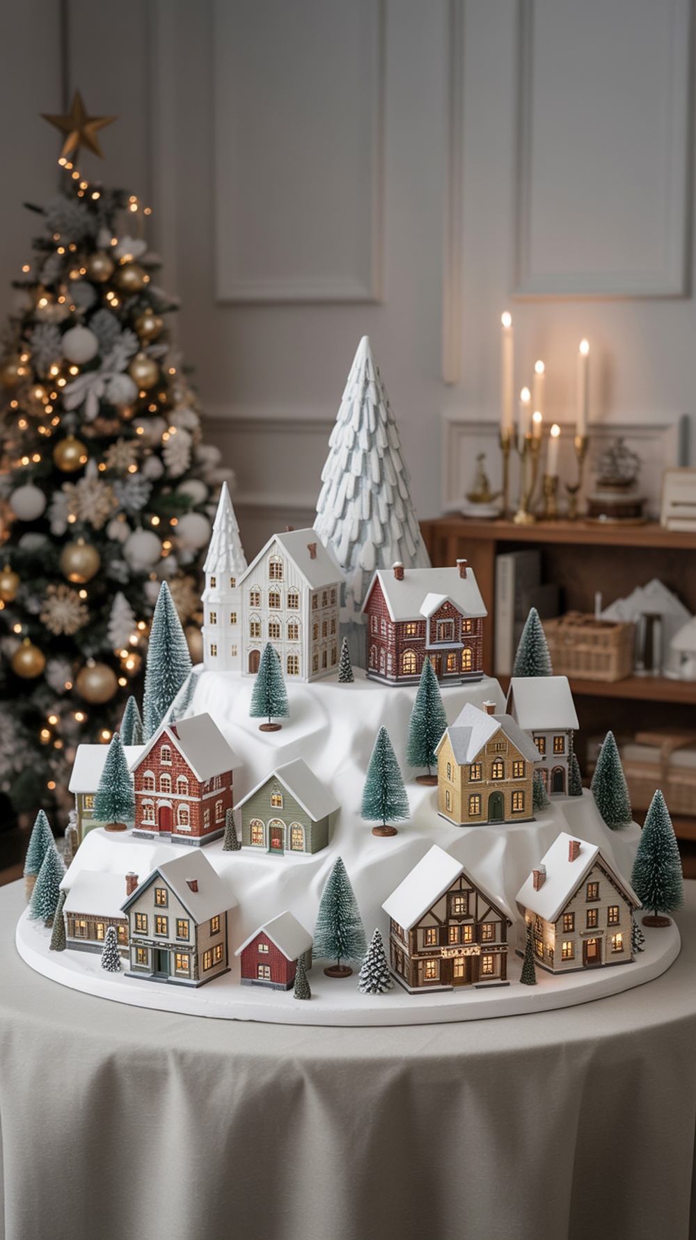 A beautifully arranged white Christmas village display with miniature houses, snow, and evergreen trees.