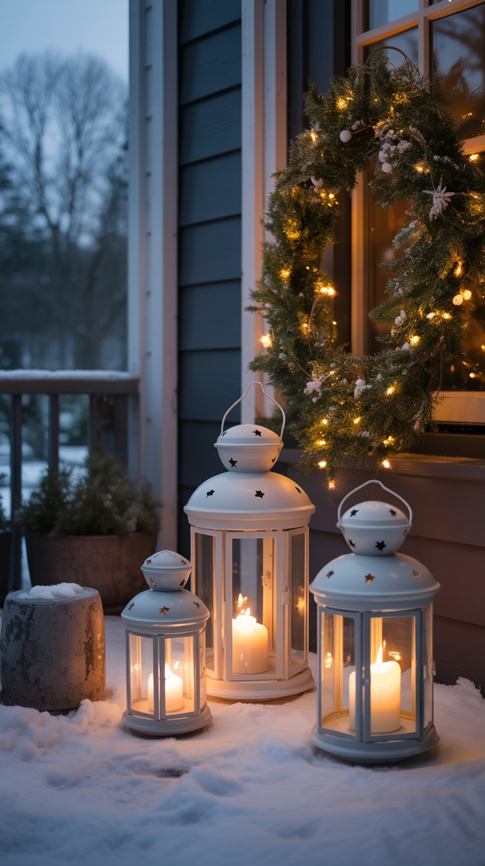 Three white lanterns with candles glowing softly in the snow, next to a decorated wreath on a window.