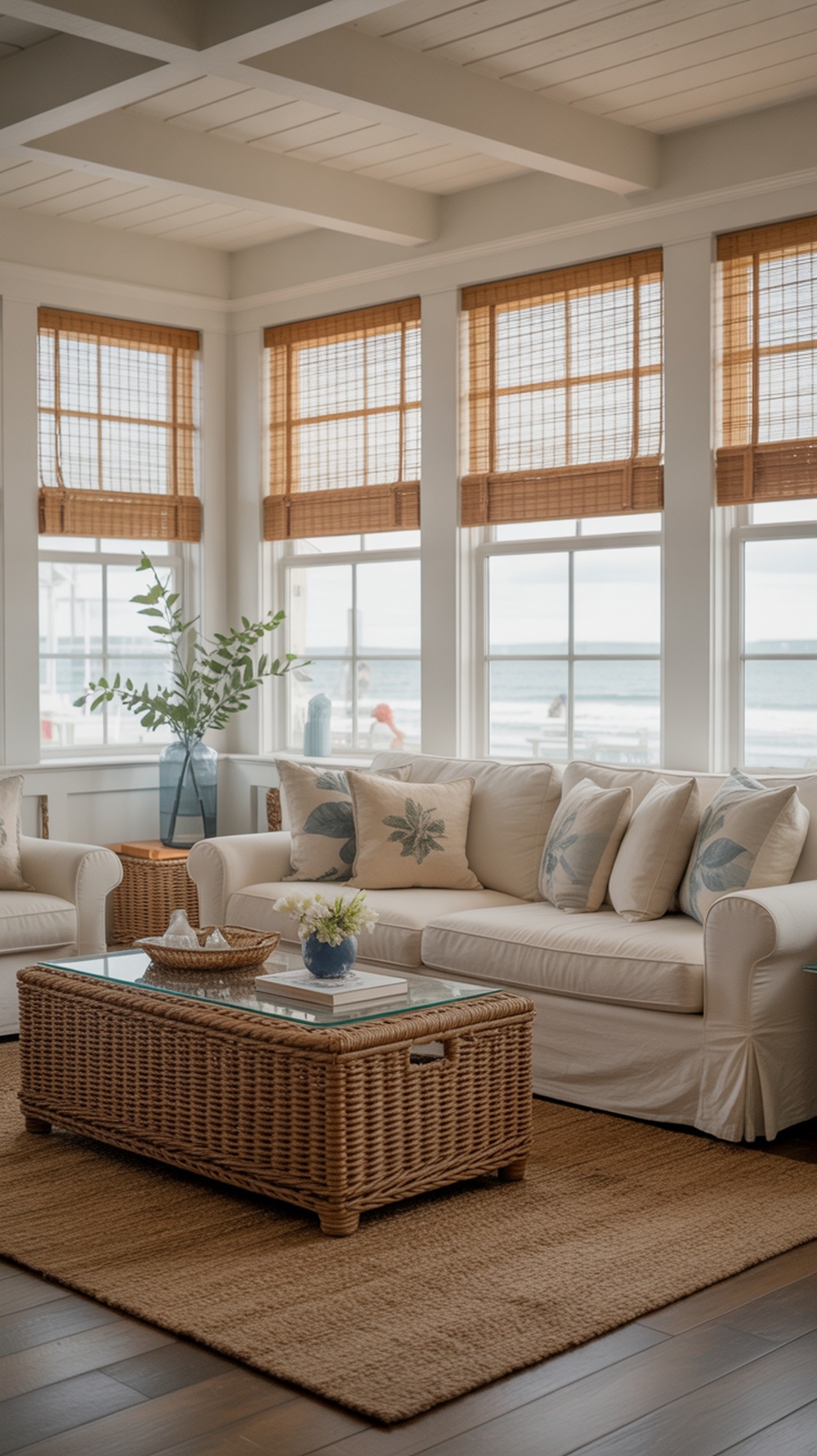 Coastal living room with bamboo window shades and neutral furniture