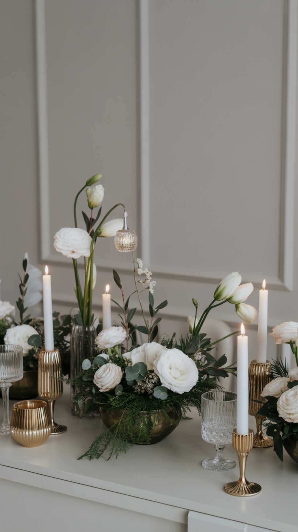 Elegant winter floral arrangement with white flowers and candles