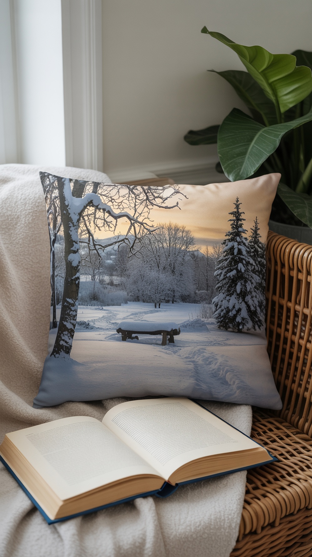 A throw pillow featuring a winter wonderland scene with snow-covered trees and a wooden bench.