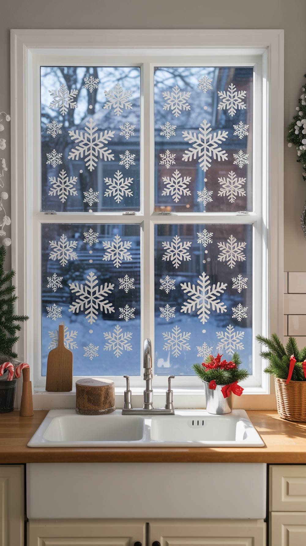 A cozy kitchen window decorated with snowflake decals, showcasing a winter wonderland theme.