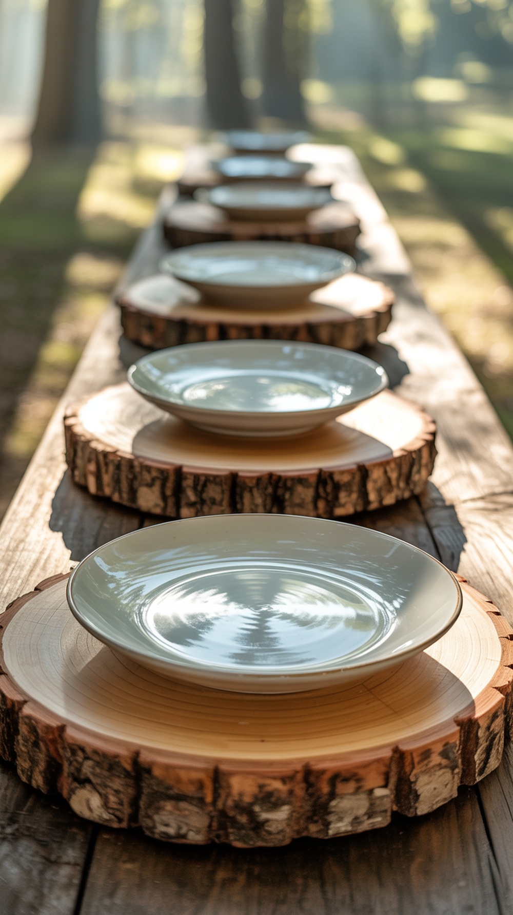 A rustic table setting featuring wood slice chargers with plates in an outdoor setting.