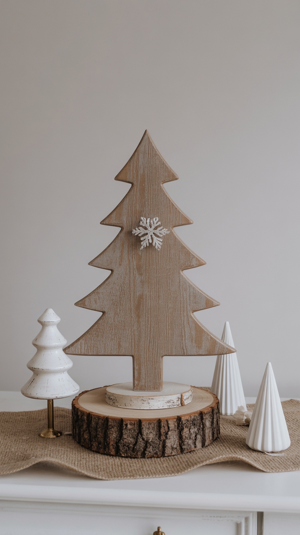 A wooden Christmas tree centerpiece with white ceramic trees on a burlap table runner.